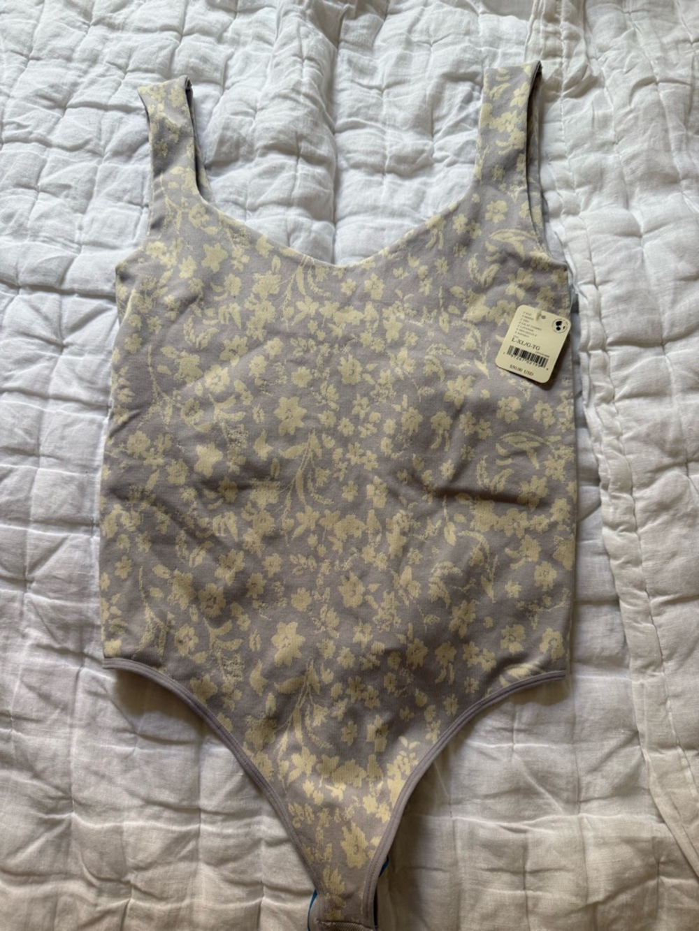 Free People Lavender and Cream Floral Scoop Neck Bodysuit